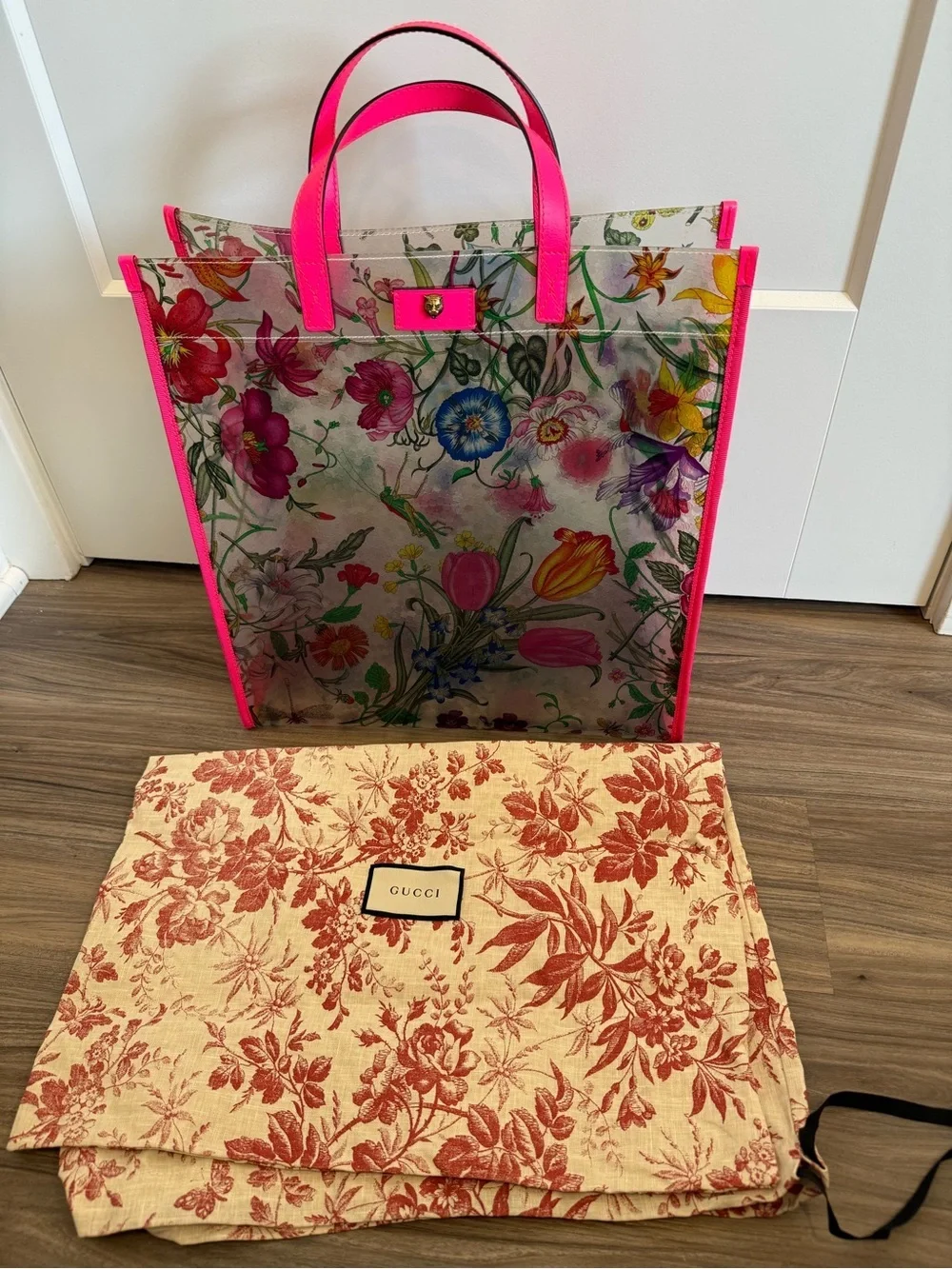 Gucci Floral Clear Tote with Hot Pink Trim